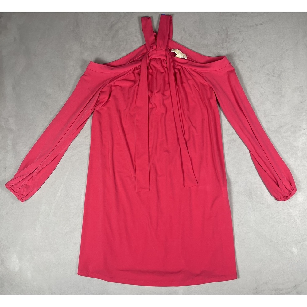 Michael Kors Pink Cold Shoulder Halter Tie Neck Mini Dress Small Long Sleeve